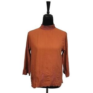 Roolee Women's Eyelet Ebroidered Mock Neck 100% Cotton Top Burnt Orange Brown
